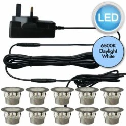 Set Of 10 - 45mm Stainless Steel IP67 Cool Daylight White LED Plinth Decking Kit