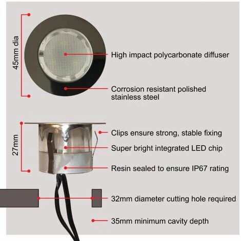 Set Of 30 - 45mm Stainless Steel IP67 Cool Daylight White LED Plinth Decking Kit 4 Set Of 30 - 45mm Stainless Steel IP67 Cool Daylight White LED Plinth Decking Kit - Image 4