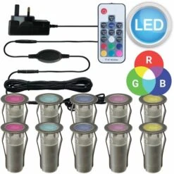 Set Of 10 - 15mm Stainless Steel IP67 RGB Colour Changing LED Plinth Decking Kit