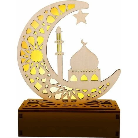 LITZEE Ramadan Lamp, Decorative Wooden Ramadan Moon Shaped LED Lamp With 3D Light Eid Mubarak Decoration Ramadan Lantern Lamp For Eid Mubarak In The Home, Bedroom (Warm White) 1 LITZEE Ramadan Lamp, Decorative Wooden Ramadan Moon Shaped LED Lamp With 3D Light Eid Mubarak Decoration Ramadan Lantern Lamp For Eid Mubarak In The Home, Bedroom (Warm White)