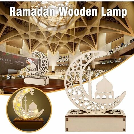 LITZEE Ramadan Lamp, Decorative Wooden Ramadan Moon Shaped LED Lamp With 3D Light Eid Mubarak Decoration Ramadan Lantern Lamp For Eid Mubarak In The Home, Bedroom (Warm White) 2 LITZEE Ramadan Lamp, Decorative Wooden Ramadan Moon Shaped LED Lamp With 3D Light Eid Mubarak Decoration Ramadan Lantern Lamp For Eid Mubarak In The Home, Bedroom (Warm White) - Image 2