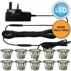 Set Of 10 - 45mm Stainless Steel IP67 Warm White LED Plinth Decking Kit