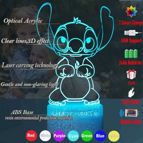 Lilo & Stitch Lamp, 3D Cartoon Princess Night Light USB Bedroom Bedside Lamp Multicolor Remote Control Illusion Desk Lamp Sweet Girl Nursery Decor (Crack Cute Stitch) 2 Lilo & Stitch Lamp, 3D Cartoon Princess Night Light USB Bedroom Bedside Lamp Multicolor Remote Control Illusion Desk Lamp Sweet Girl Nursery Decor (Crack Cute Stitch) - Image 2
