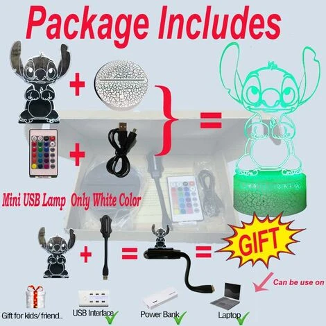 Lilo & Stitch Lamp, 3D Cartoon Princess Night Light USB Bedroom Bedside Lamp Multicolor Remote Control Illusion Desk Lamp Sweet Girl Nursery Decor (Crack Cute Stitch) 3 Lilo & Stitch Lamp, 3D Cartoon Princess Night Light USB Bedroom Bedside Lamp Multicolor Remote Control Illusion Desk Lamp Sweet Girl Nursery Decor (Crack Cute Stitch) - Image 3