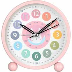 Kids Learning Alarm Clock For Boys/Girls , Silent Small Cute Table Clocks Battery Powered , 4 Inch Analog Alarm Clock For Bedrooms (Pink)