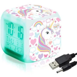 Unicorn Digital Alarm Clocks For Girls, LED Night Glowing Cube LCD Clock With Light Children Wake Up Bedside Clock Birthday Gifts For Kids Women Adult Bedroom (7)