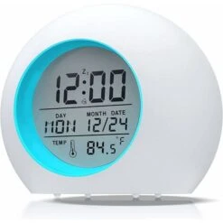 HIASDFLS Réveil Enfant, LED Réveil Numérique Horloge Enfant Veilleuse Lumière Pour Bébé Étudiant 7 Couleurs Rond Calendrier Et Thermomètre, Fonction Snooze