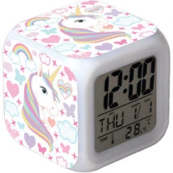 Alarm Clocks For Girls, Unicorn Kids Alarm Clocks With 4-Sided Unicorn Pattern And 9 Kinds Of LED Light Up Alarm Clock Bedside Clock Gifts