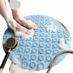 Bath Mat Round Shape Non Slip Shower Mats Mildew Resistant Tub Mats With Suction Cups Textured Rubber Bath Mat With Drain Hole(blue-1st