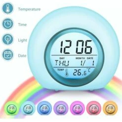 Children's Digital Alarm Clock 7 Colors Child Alarm Clock With Calendar And Thermometer, Clock Creative Round Alarm Clock With LED Night Light For Kids Baby (Color)